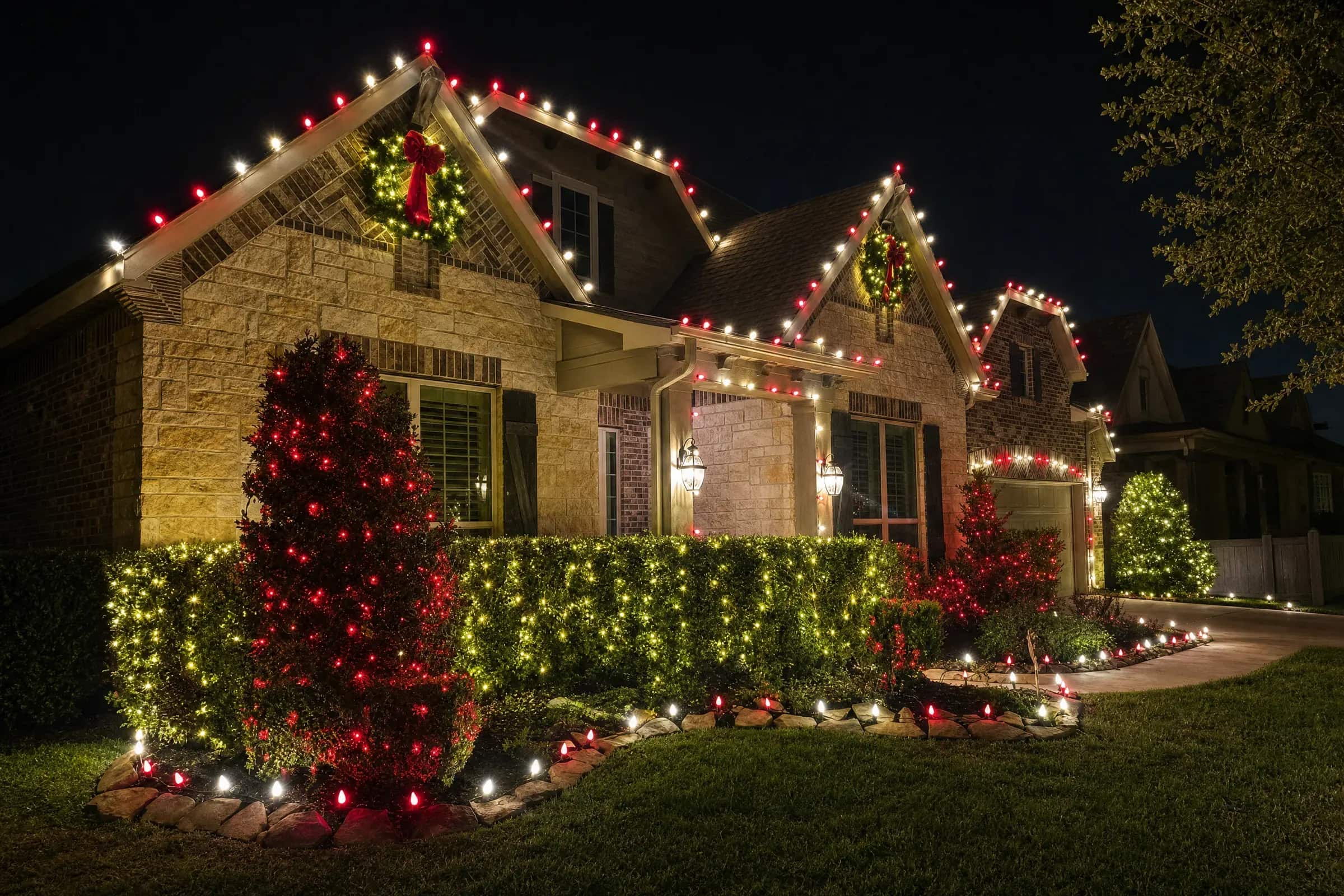 Houston home with red and white roofline Christmas lights, wreaths and lit shrubs at night